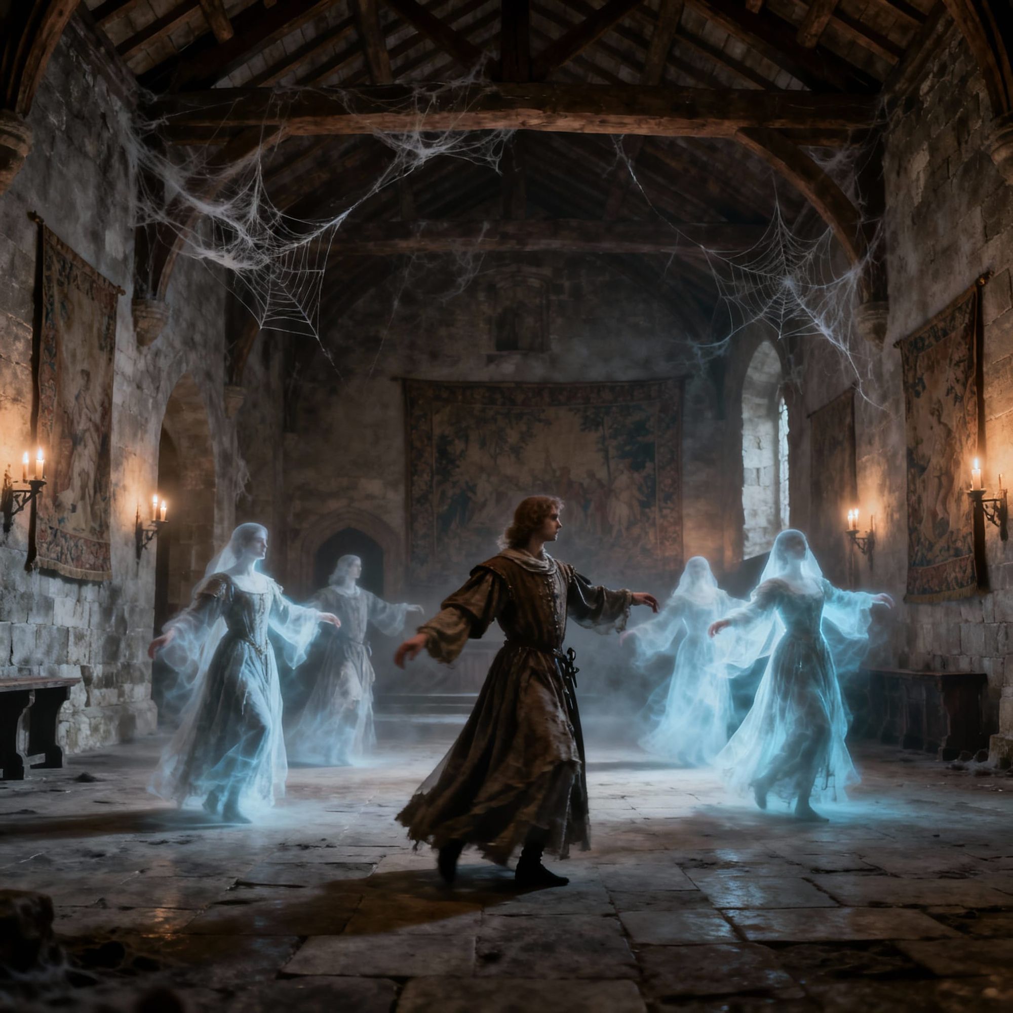a medieval hall, with cobwebs, deserted, where ghosts in medieval garb solemnly dance stately medieval dances 