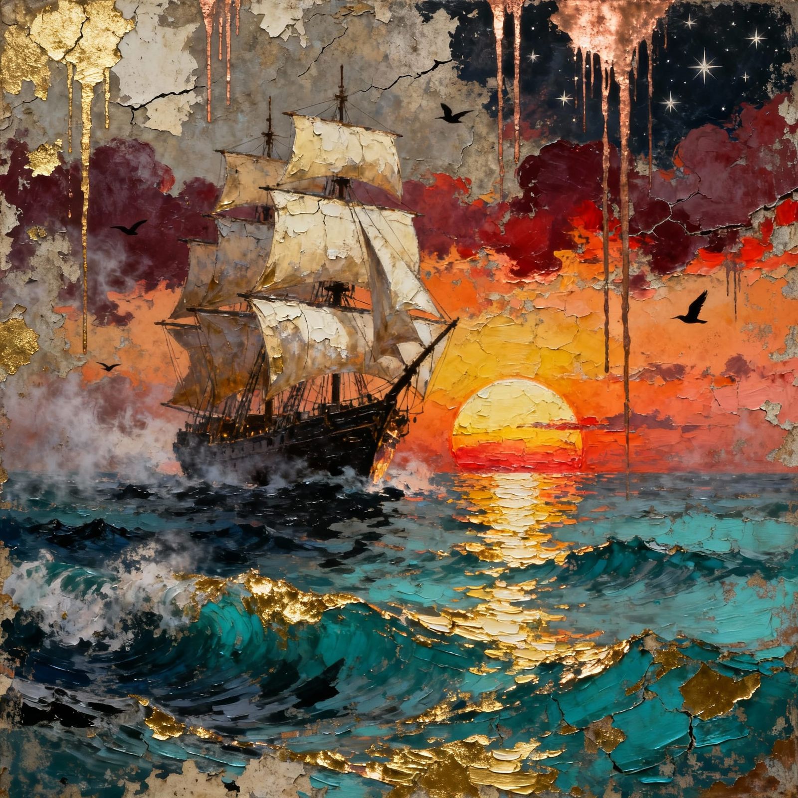 Majestic Galleon Sails at Sunset in Mixed Media Style