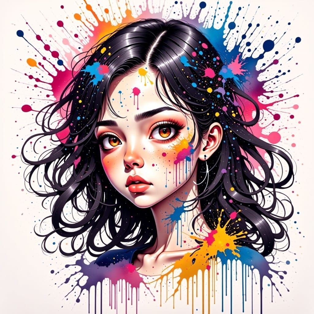 colorful ink splatter drawing of an anime girl. in the style of <lora:Unreal InkArchive Fx:1.0> 