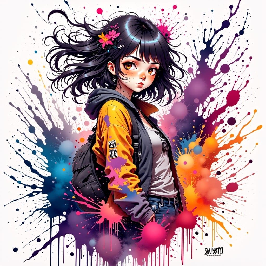 colorful ink splatter drawing of an anime girl. in the style of <lora:Unreal InkArchive Fx:1.0> 