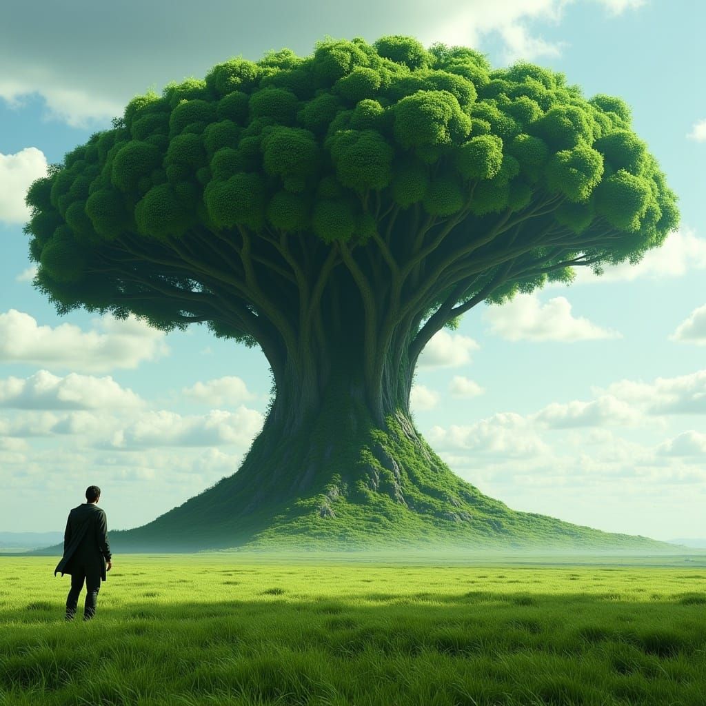 <lora:MJ6-1 DreamForge:1.0> A colossal tree-shaped structure with lush green leaves, standing majestically in the center of an expansive fie...