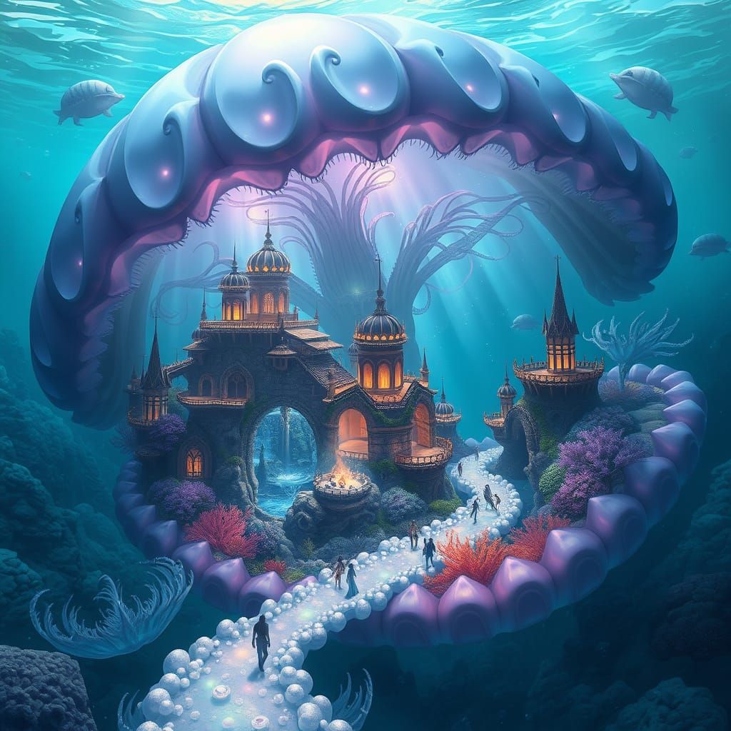 imagine a bustling underwater city built within a giant, bioluminescent jellyfish. The city is a vibrant ...  by @IkaDo