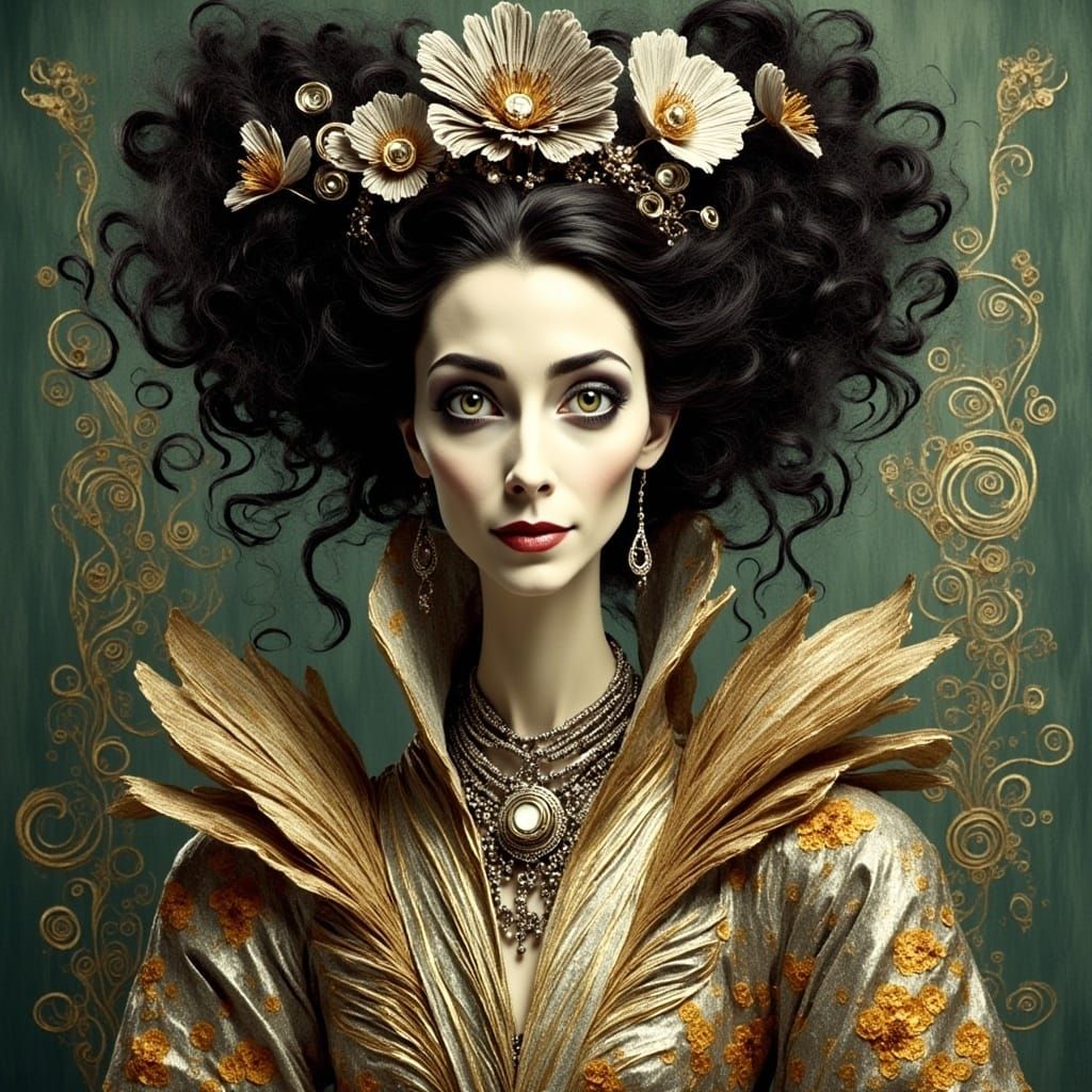 <lora:SybilThorn-6:1.0> portrait of a beautiful woman wearing intricately detailed colorful clothing and futuristic jewelry. art deco Ukiyo-...