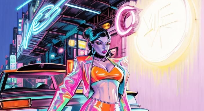 a painting of a woman in a neon outfit standing next to a ca...