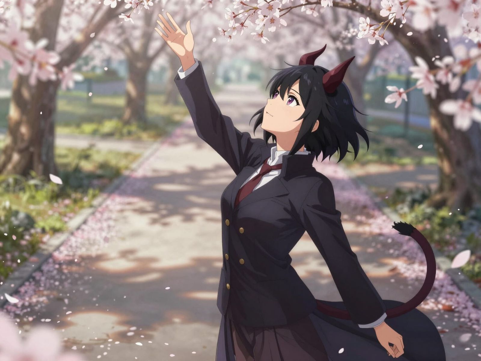 Anime Demon Woman Under Sakura Petals