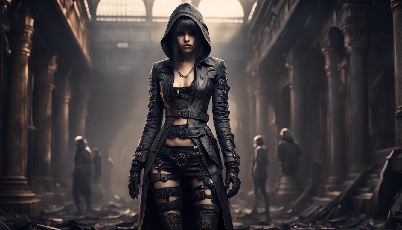 alluring emo female leather clad assassins' tiny outfit full...