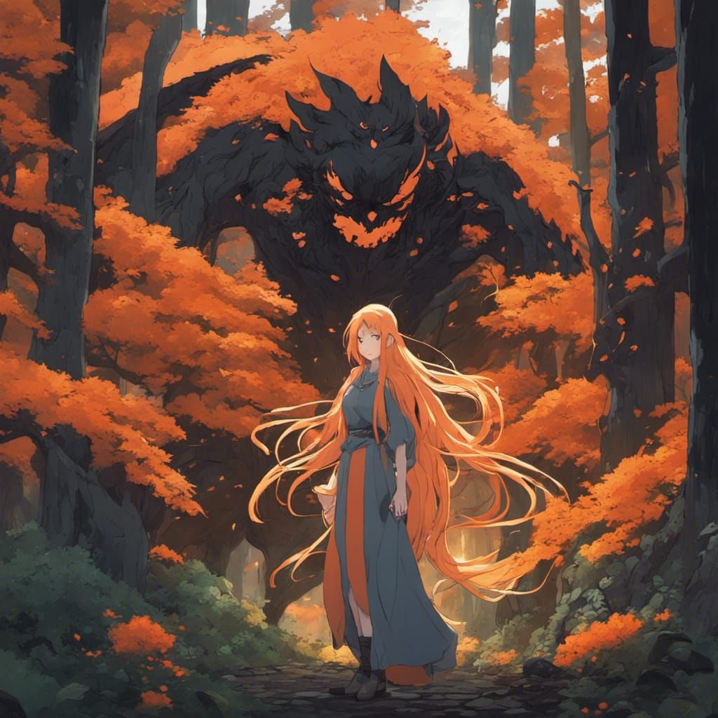serious woman long bright orange hair fantasy saint with lar...