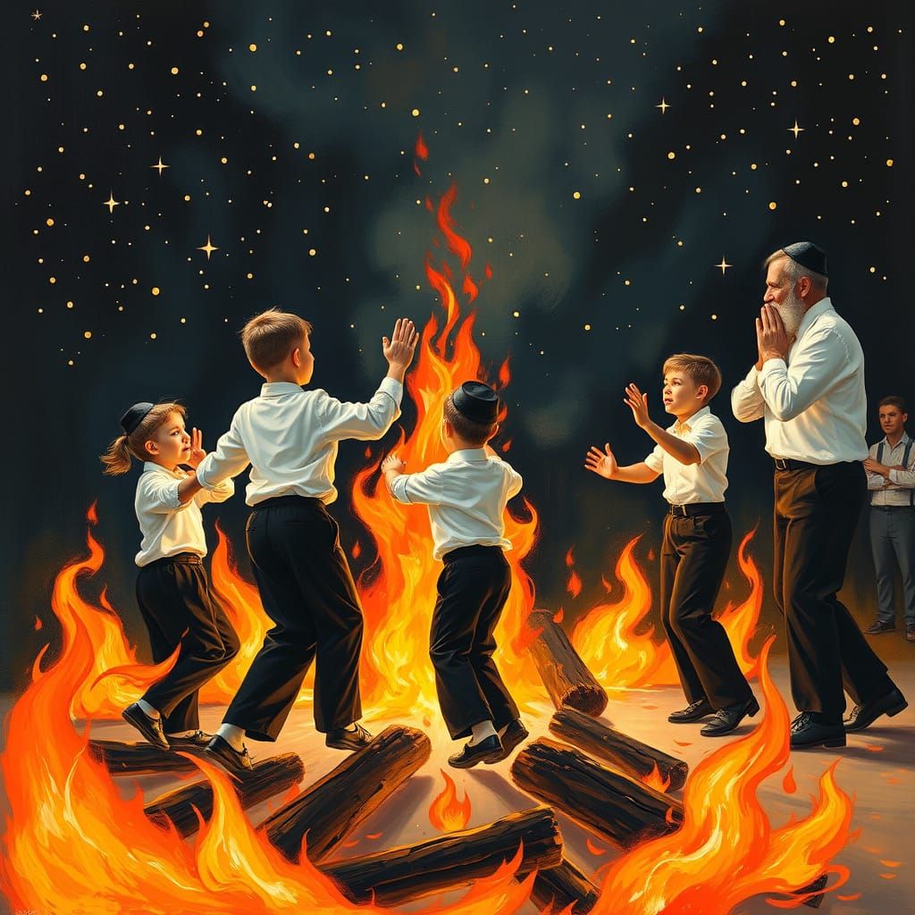 Dancing Figures in Traditional Attire Around a Vibrant Fire,...