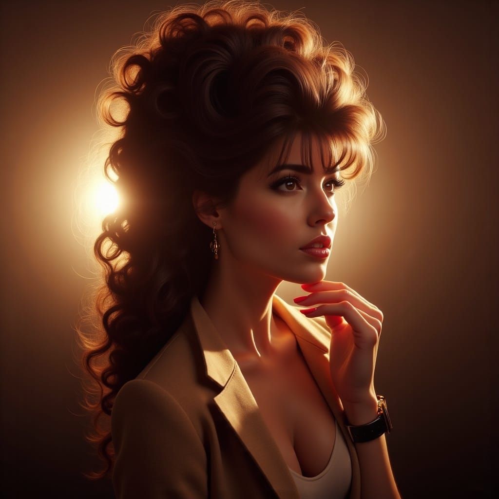  <lora:Big Flux Hair:1.0> brunette lady, dynamic lighting 