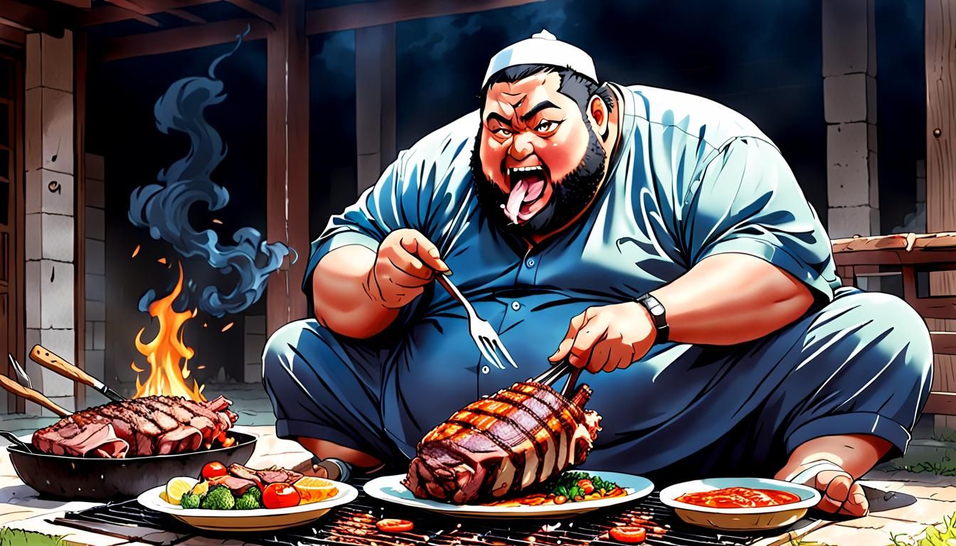 funny comic anime cartoon, a fat salafiste man with a large barb, eating a  grilled lamb leg, by the style of Amir Fawzy, by artist 