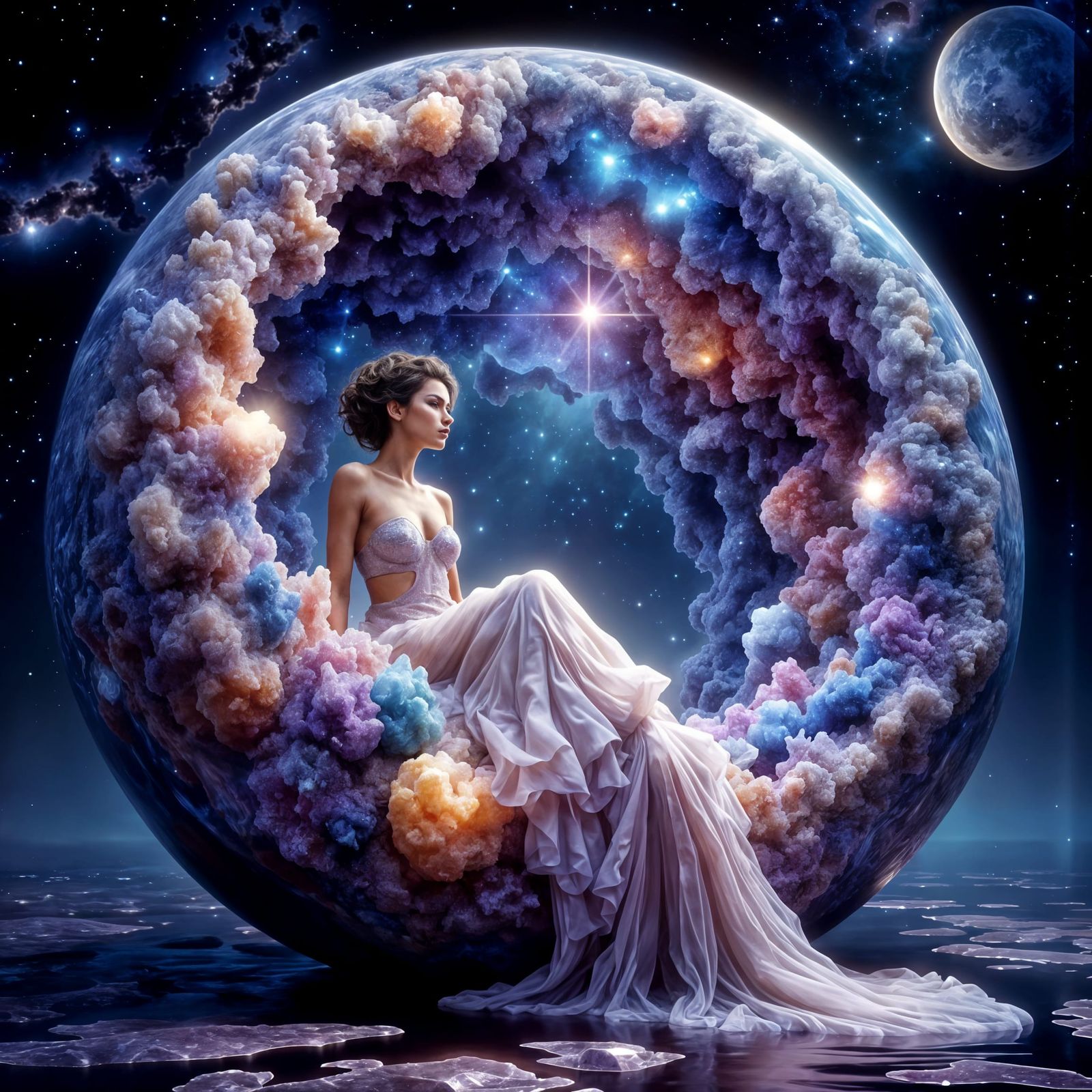 Cosmic Goddess Emerges from Geode Planet in Vibrant Colors
