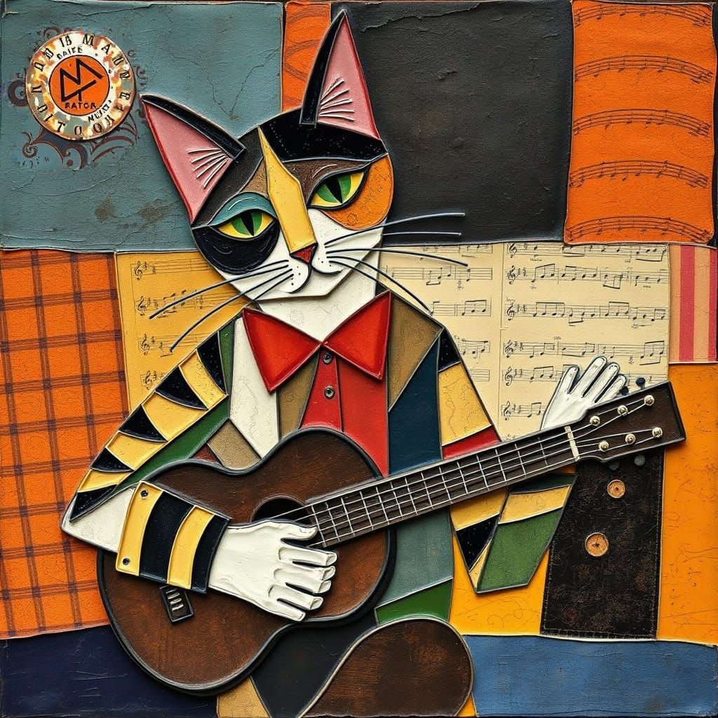 Folk Musician Cat in Cubist Patchwork Masterpiece