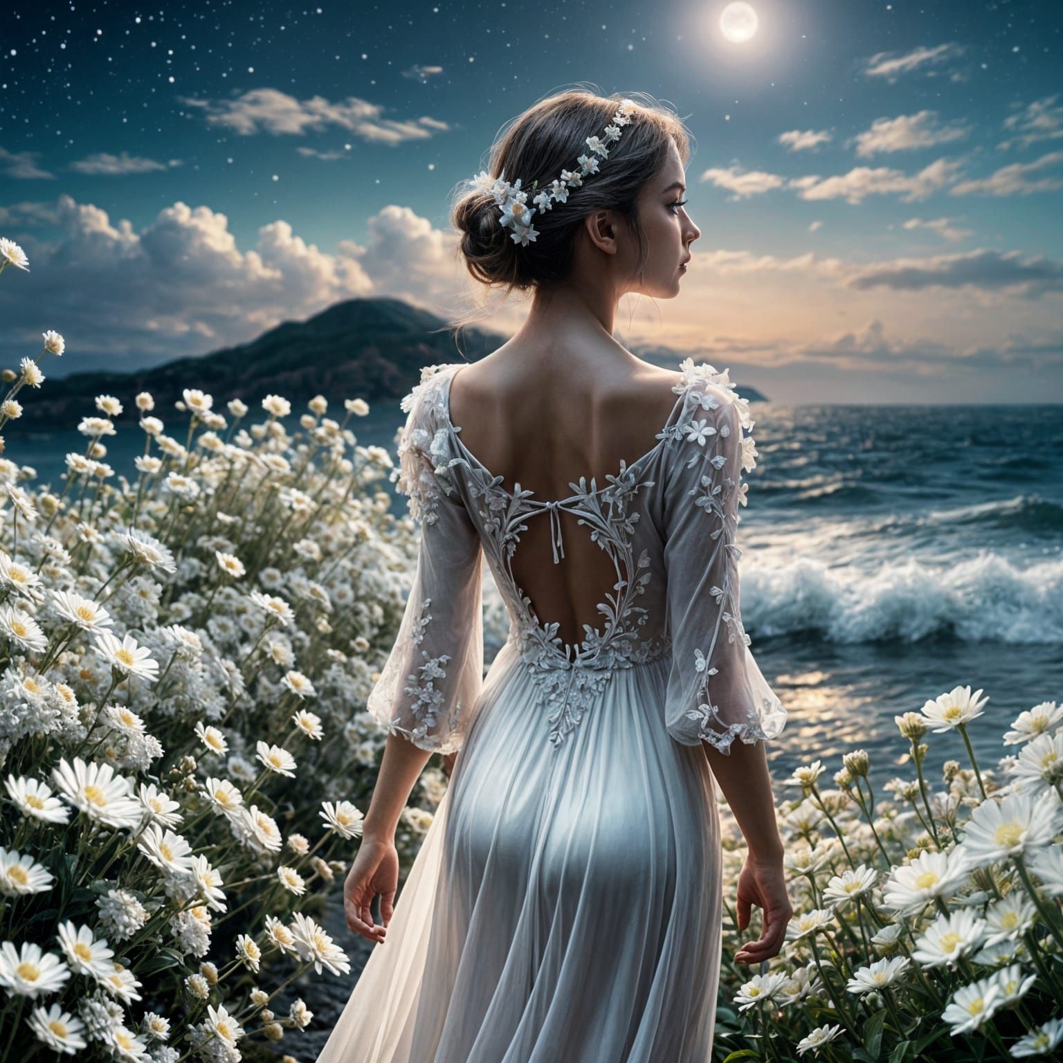 Dreamlike Woman in Floral Night Sky, Detailed Art