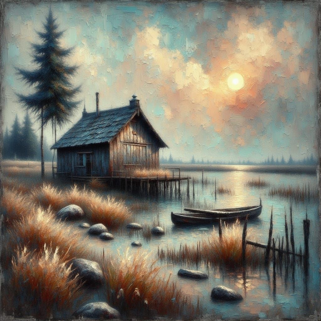 <lora:Grungy Impasto:1.1> an old fishing shack grungy textured gritty acrylic oil Impasto Impasto oil in the style of Rembrandt Goth gurney...