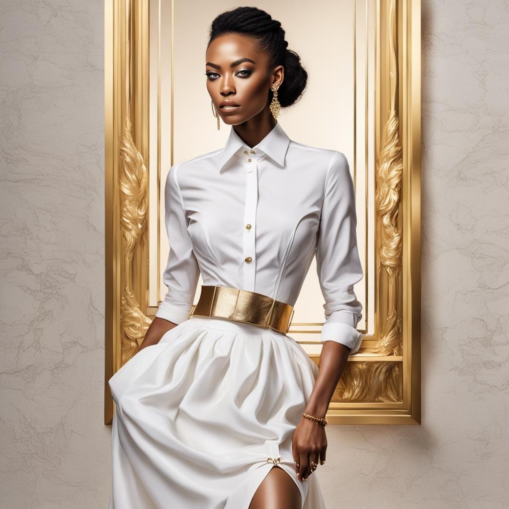Classic white shirt dress with a golden under the breast corset over ...