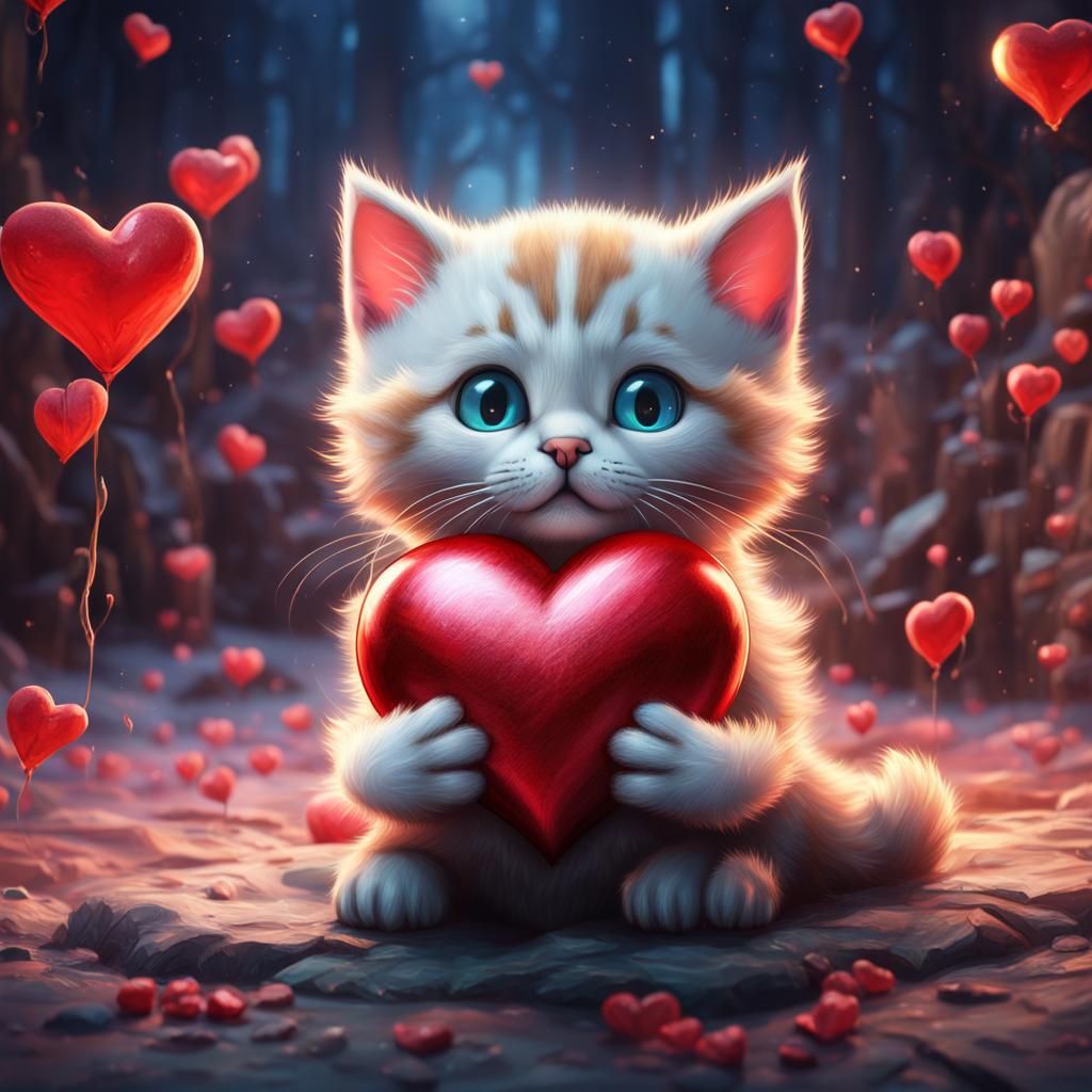Kitten hugging a Heart