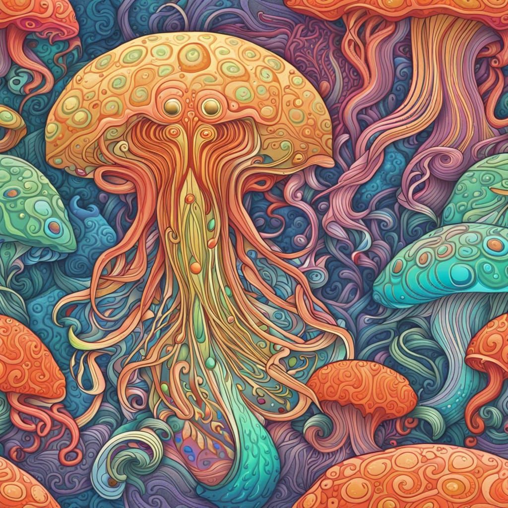 squid and jellyfish in a coral reef, art deco, tetradic colo...
