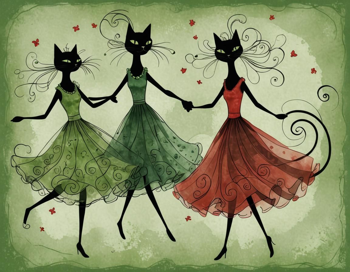 Three whimsical graceful tall thin female dancing cats, holding hands