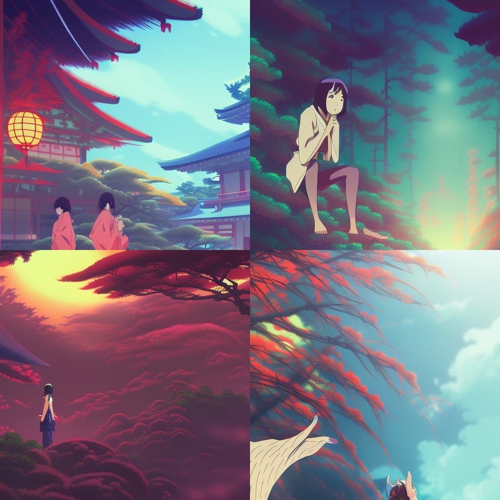 japanese painting, Psychedelic Art, demons, Studio Ghibli, A...