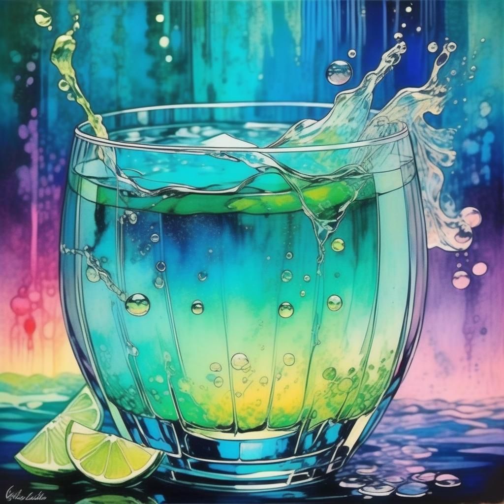 In the style of Norman Lewis and Warwick Goble. "A Glass Half Full"   by @KLP-Magick