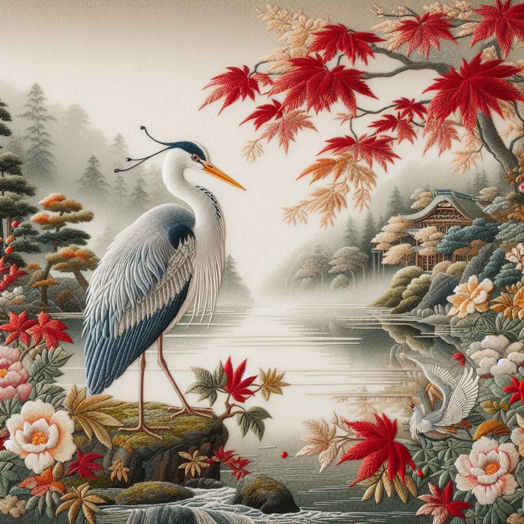 Embroidered Heron Panel