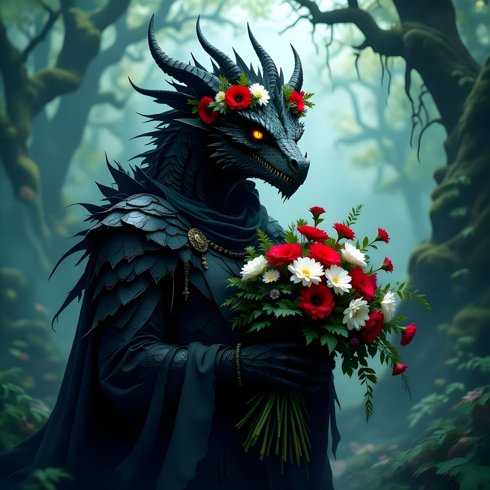 Dragon bringing flowers  by @JuhJuh