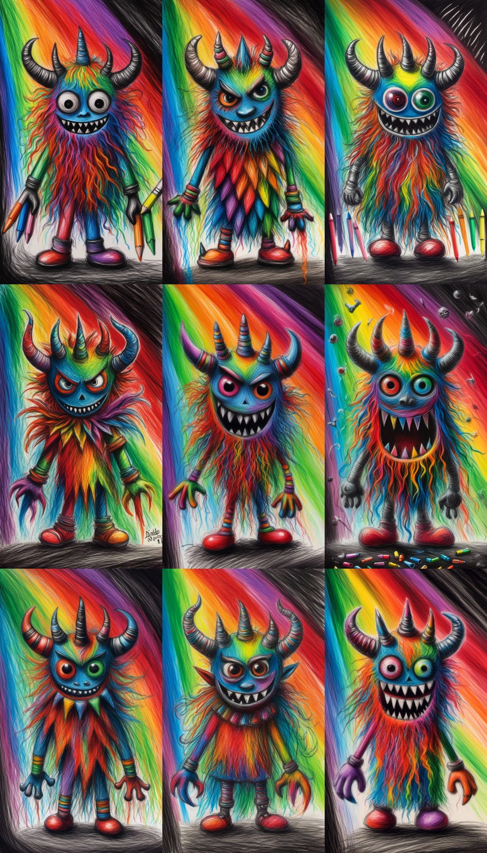 <lora:Crayon Demons 2:1.0> Kids's crayon  and pencil drawing...