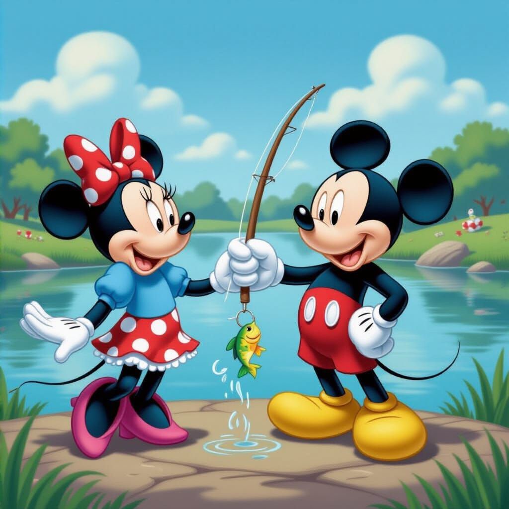 Mickey and Minnie Mouse Fishing on a Serene Lake