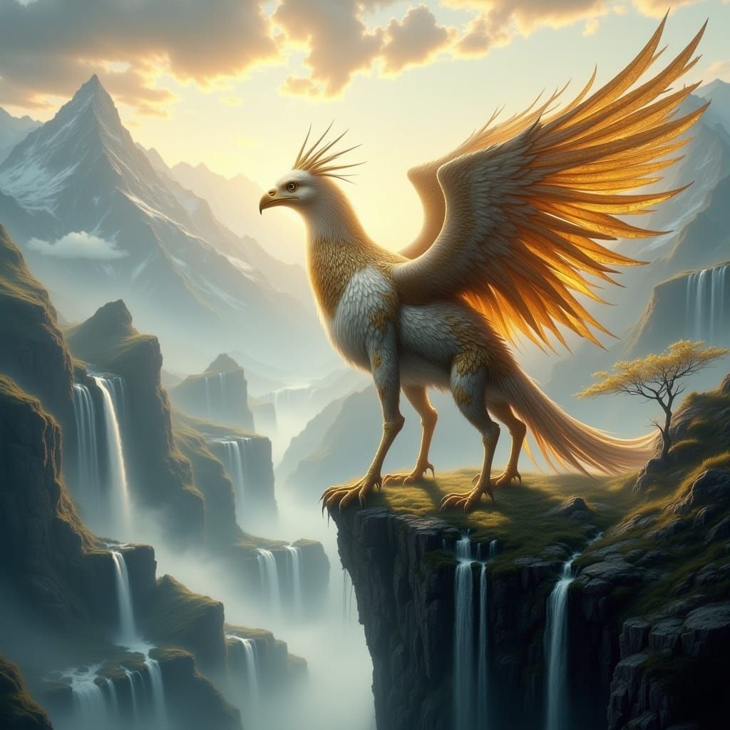 <lora:Flux Hyperreal:1.0> Ultra-detailed majestic griffin standing on the edge of a high cliff, overlooking a breathtaking mountain valley f...