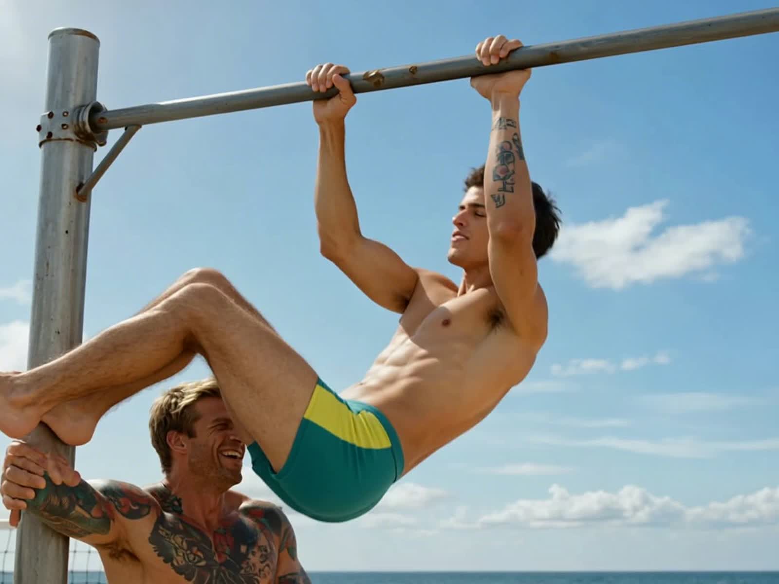 Hi-res, hyper-realistic 8k photo of a large, beefy, muscular, masculine handsome Aussie man, 38, straw-colored sun-bleac...