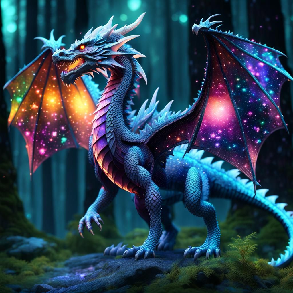 A crystal detailed beautiful colorful glowing dragon standin...