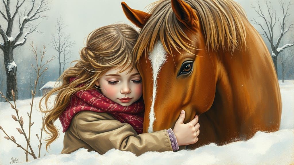 Girl Cuddles Horse in Winter Landscape Painting