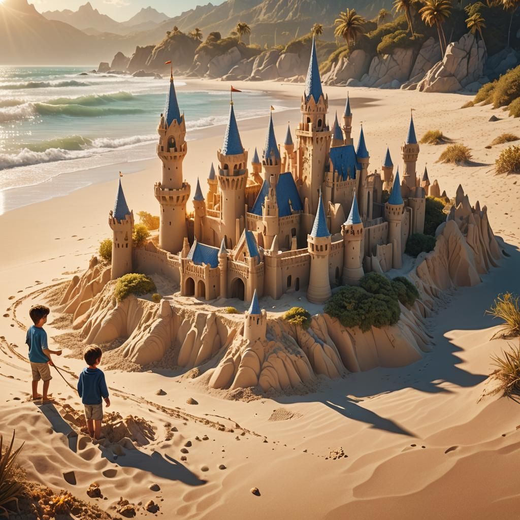 Boy Builds Sandcastle on Sunny Beach: Fantasy Art