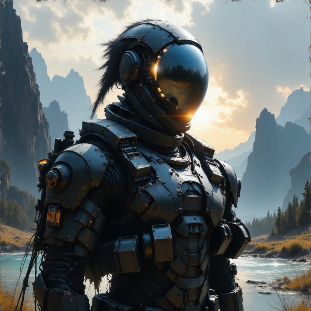 cyber sci-fi Soldier in the style of <lora:TexturedLinesV2:1.0>