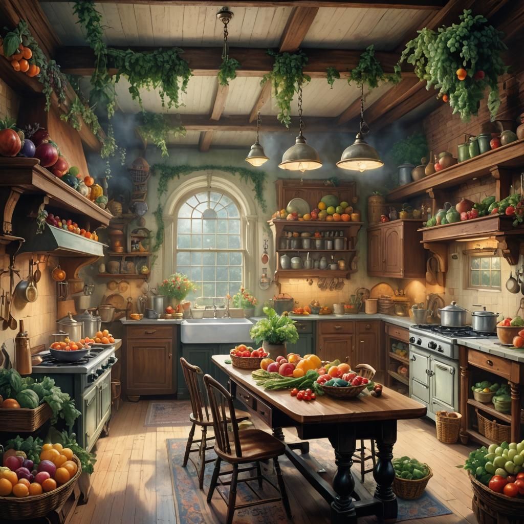 Victorian era kitchen with wooden table filled with fruit an...