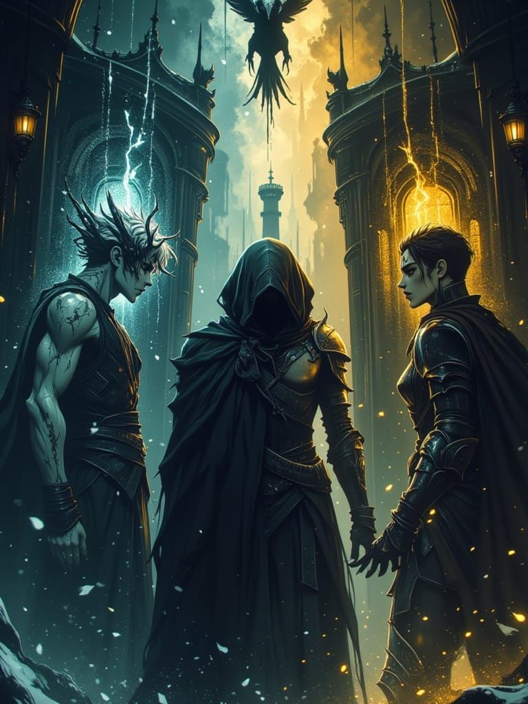 A surreal triptych of three masculine figures. Center: Veil, androgynous but male-coded, skin like silver smoke, hands clasped behind his ba...