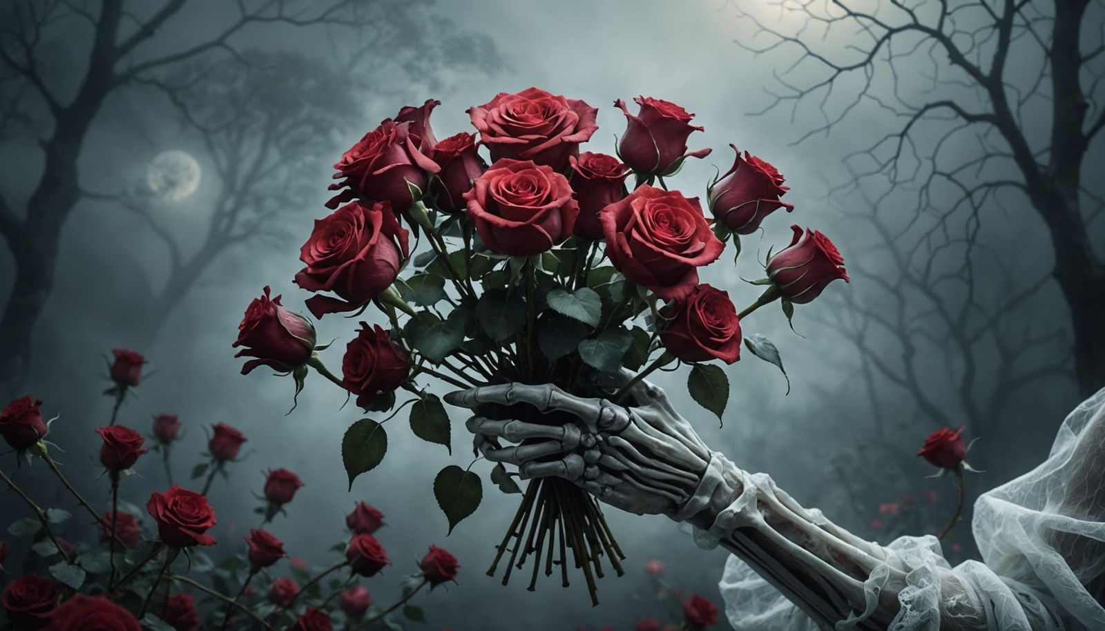 Ethereal concept art. A skeletal hand holds a bouquet of roses sculpted from mist. This imagery merges ...  by @Rhyder