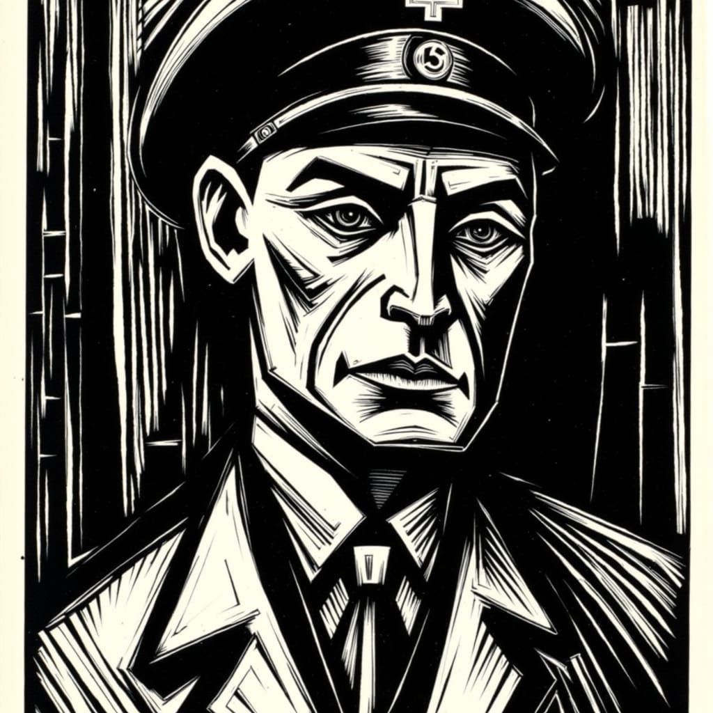 <lora:German Expressionism:1.0> An evil German Dictator, rendered in a German Expressionist woodcut style.