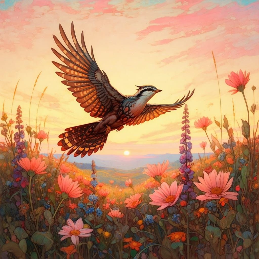 Bird Soaring Above Wildflowers at Dawn