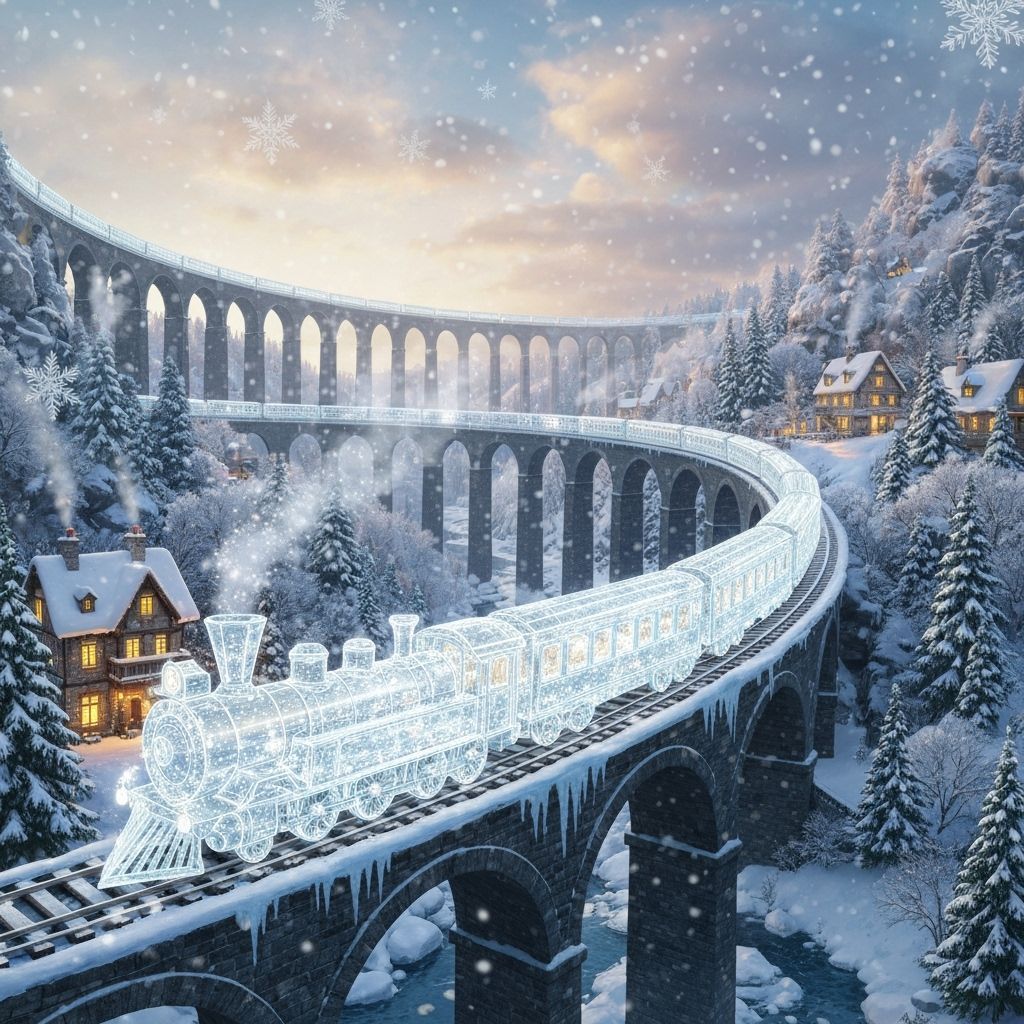 A breathtaking magical winter fantasy scene featuring a magnificent transparent glass or crystal train traveling along curved railroad track...