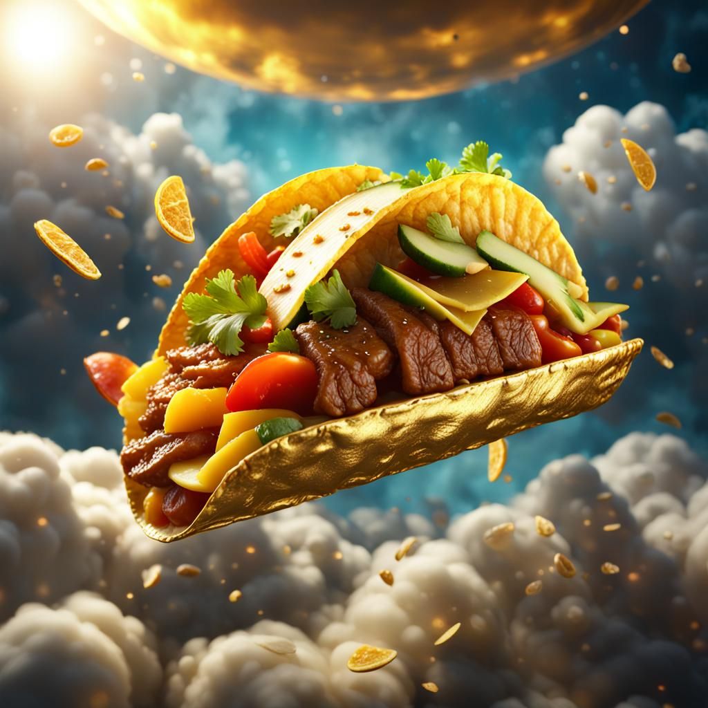 A glowing golden meat and vegetable taco floating in mid-air...