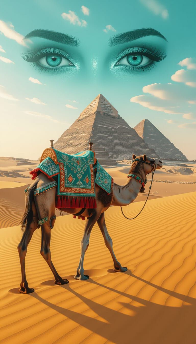 Sands of the Gazing Goddess — Photoreal Camel Crossing & Pyramids 