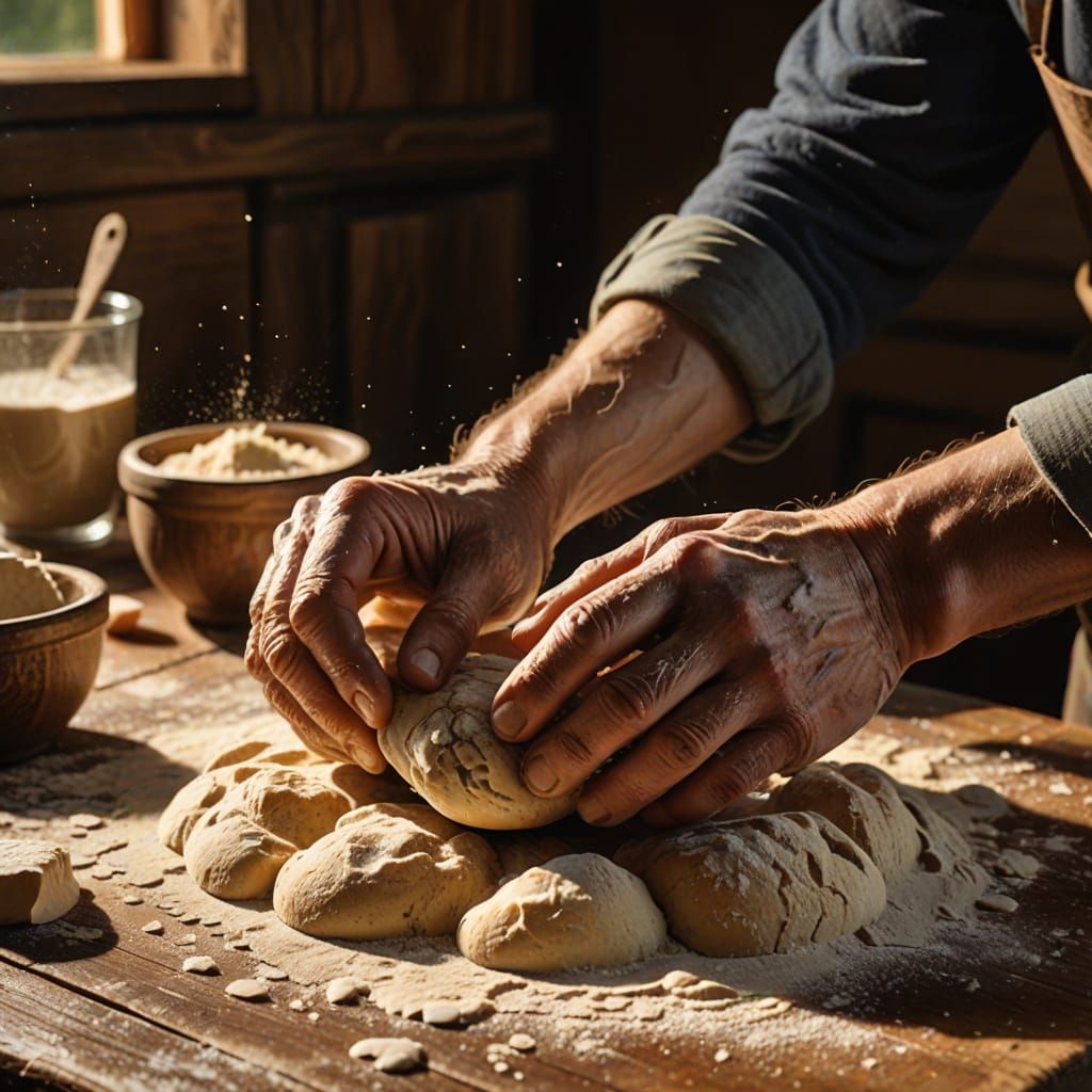 A close-up of an old pair of hands kneading dough on an old wooden table, 