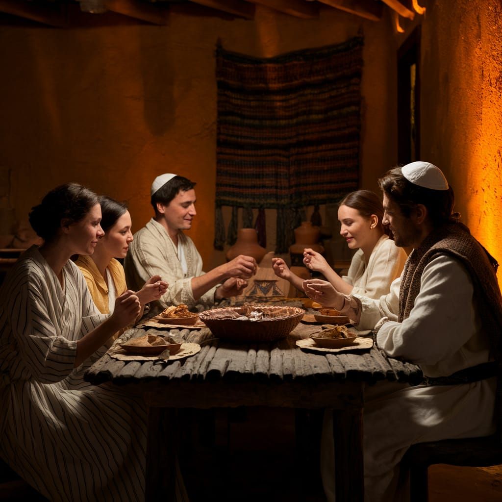 Ancient Family Savoring Passover in Egyptian Home