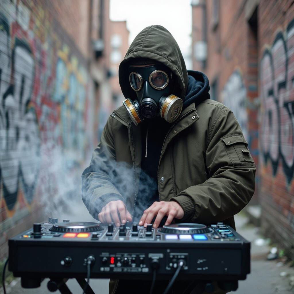 Making a beat on a beat machine in an alley with a gas mask on with deadly fumes 