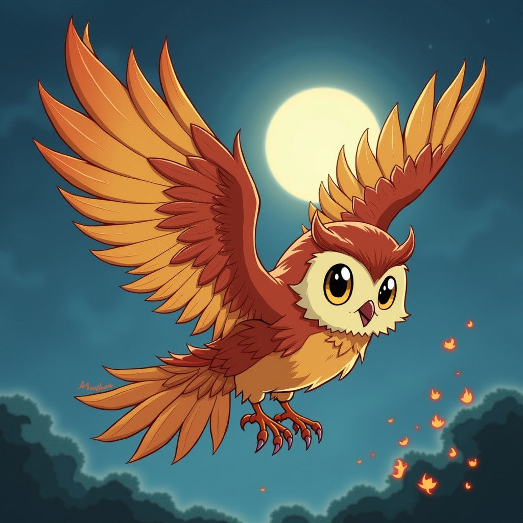 a cartoon 2d owl flying whith firey wings
