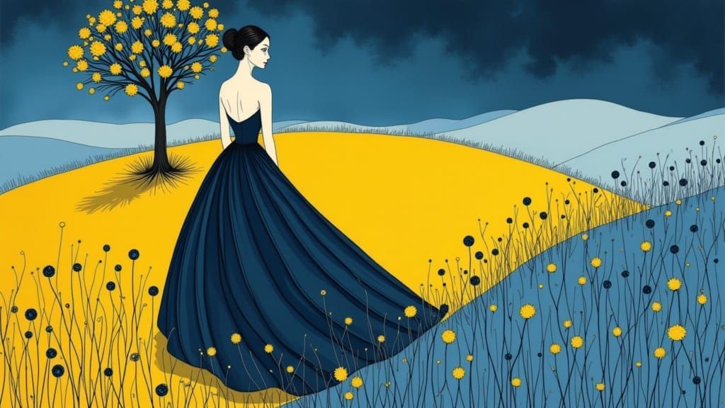 Minimalist Yellow Princess in Indigo Field Drawing