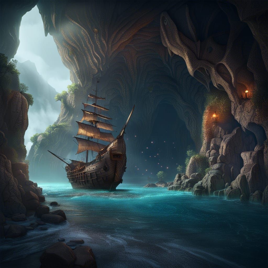 Large cave in the side of an ocean side cliff that a pirate ship resides inside.  by @undefined
