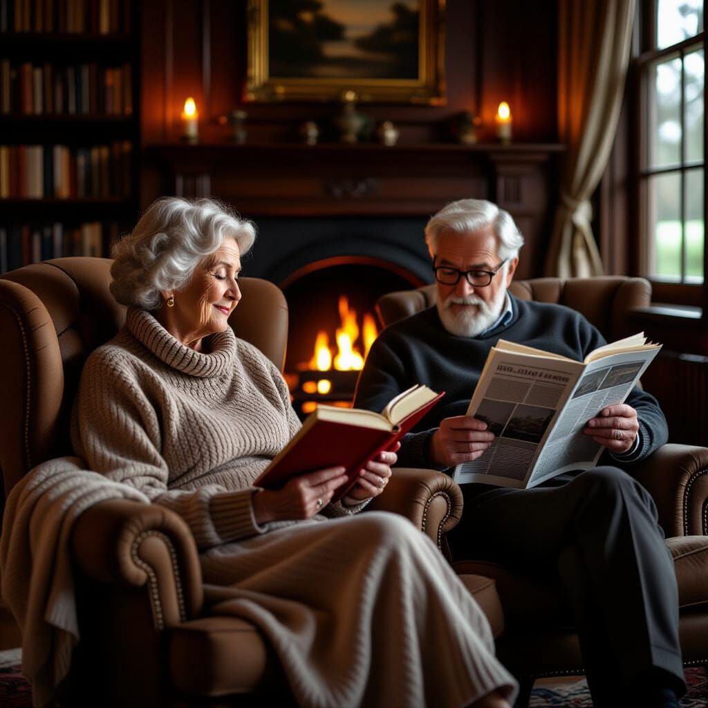 Ultra-realistic photograph of an elderly couple in a cozy reading room with enhanced lighting. The elderly ...  by @CB