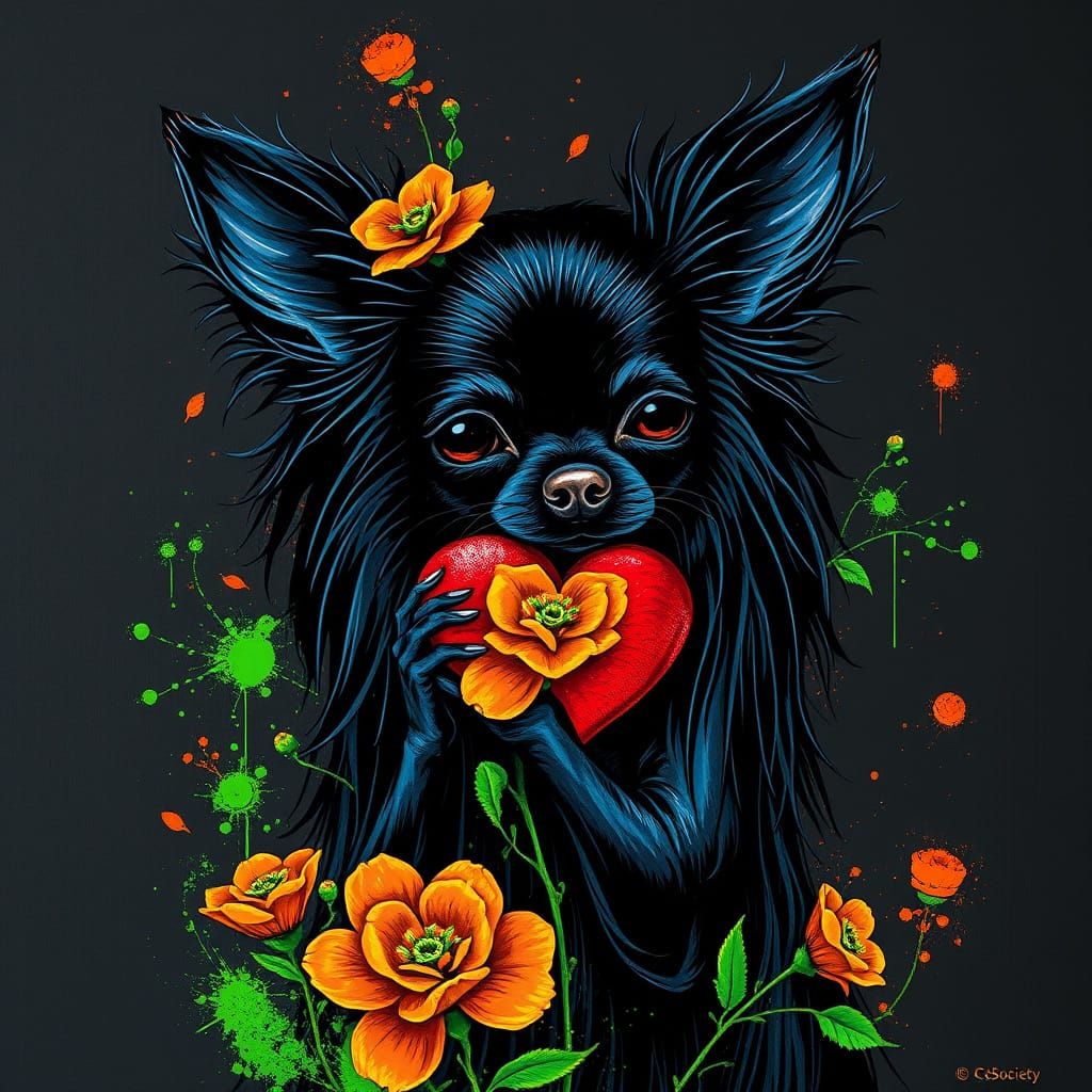 Neon Flowers and Broken Heart: Chihuahua Silhouette